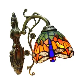 Tiffany Style Glass Dragonfly Wall Sconce with Carved Backplate - 1 Light Fixture