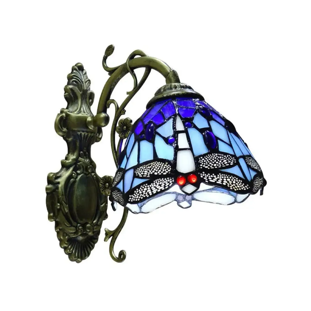 Tiffany Style Glass Dragonfly Wall Sconce with Carved Backplate - 1 Light Fixture