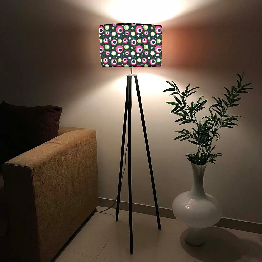 Tripod Floor Lamp Standing Light for Living Rooms -Pink Green Polka