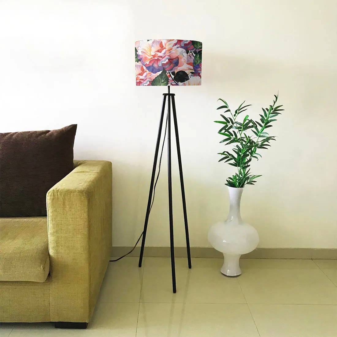 Tripod Standing Floor Lamp -Purple Flowers