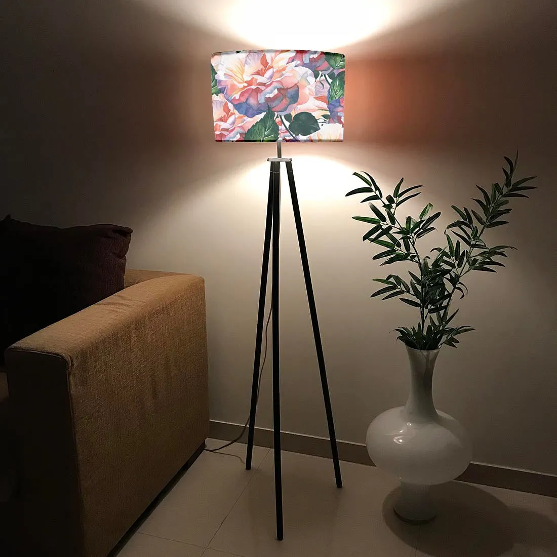 Tripod Standing Floor Lamp -Purple Flowers