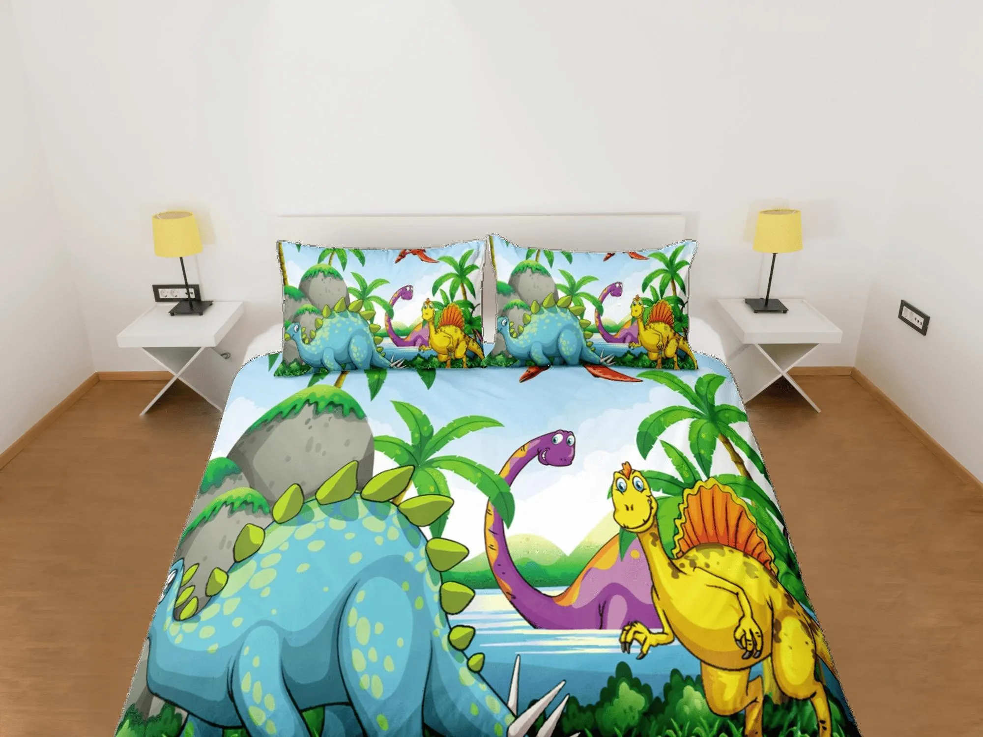 Tropical dinosaur bedding, kids bedding full, cute duvet cover set, dinosaur nursery bed decor, colorful bedding, baby dinosaur, toddler