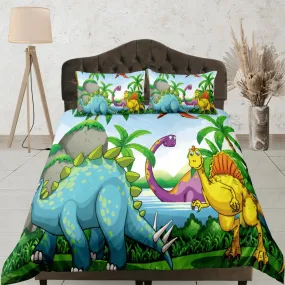 Tropical dinosaur bedding, kids bedding full, cute duvet cover set, dinosaur nursery bed decor, colorful bedding, baby dinosaur, toddler