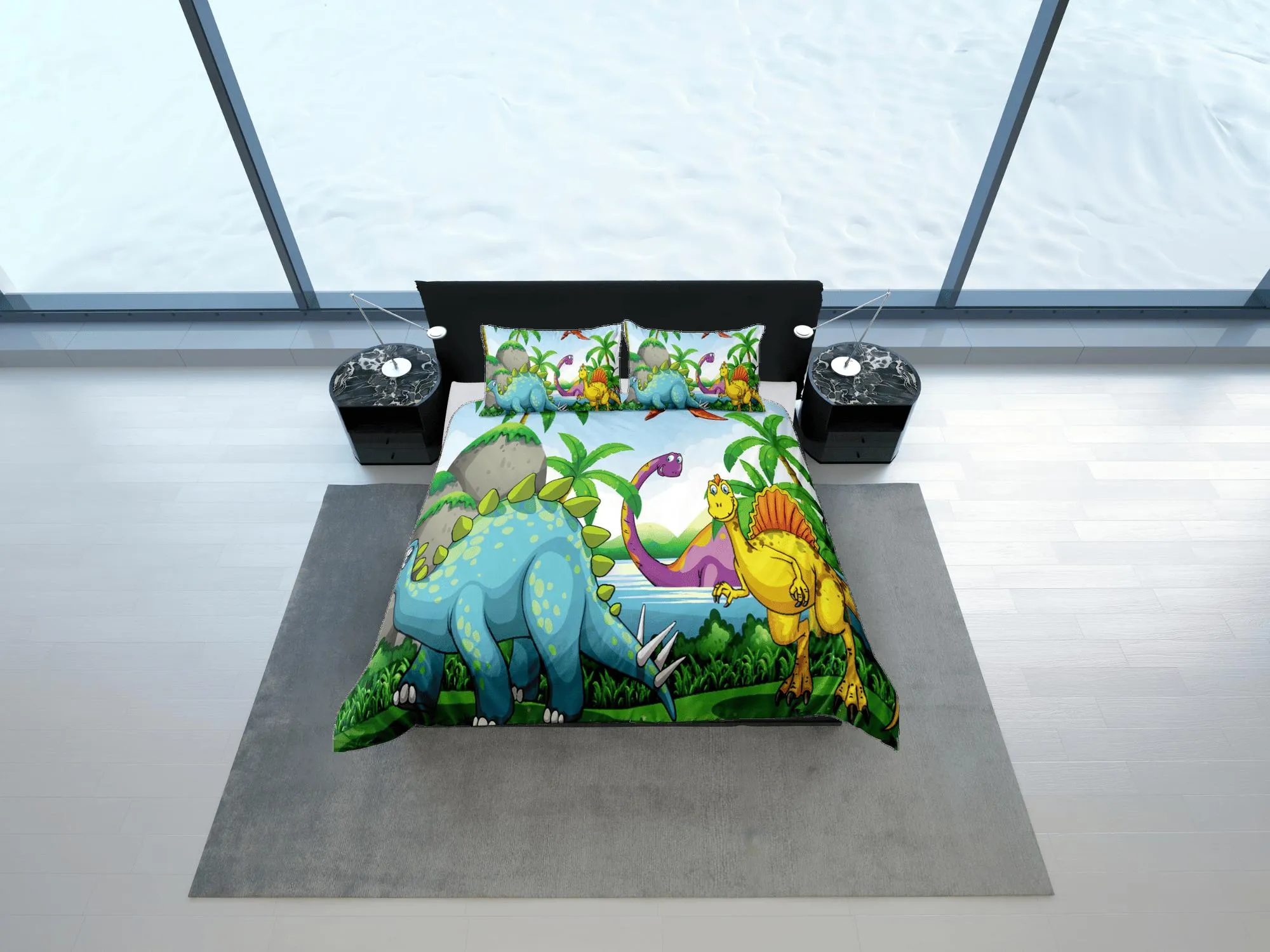 Tropical dinosaur bedding, kids bedding full, cute duvet cover set, dinosaur nursery bed decor, colorful bedding, baby dinosaur, toddler