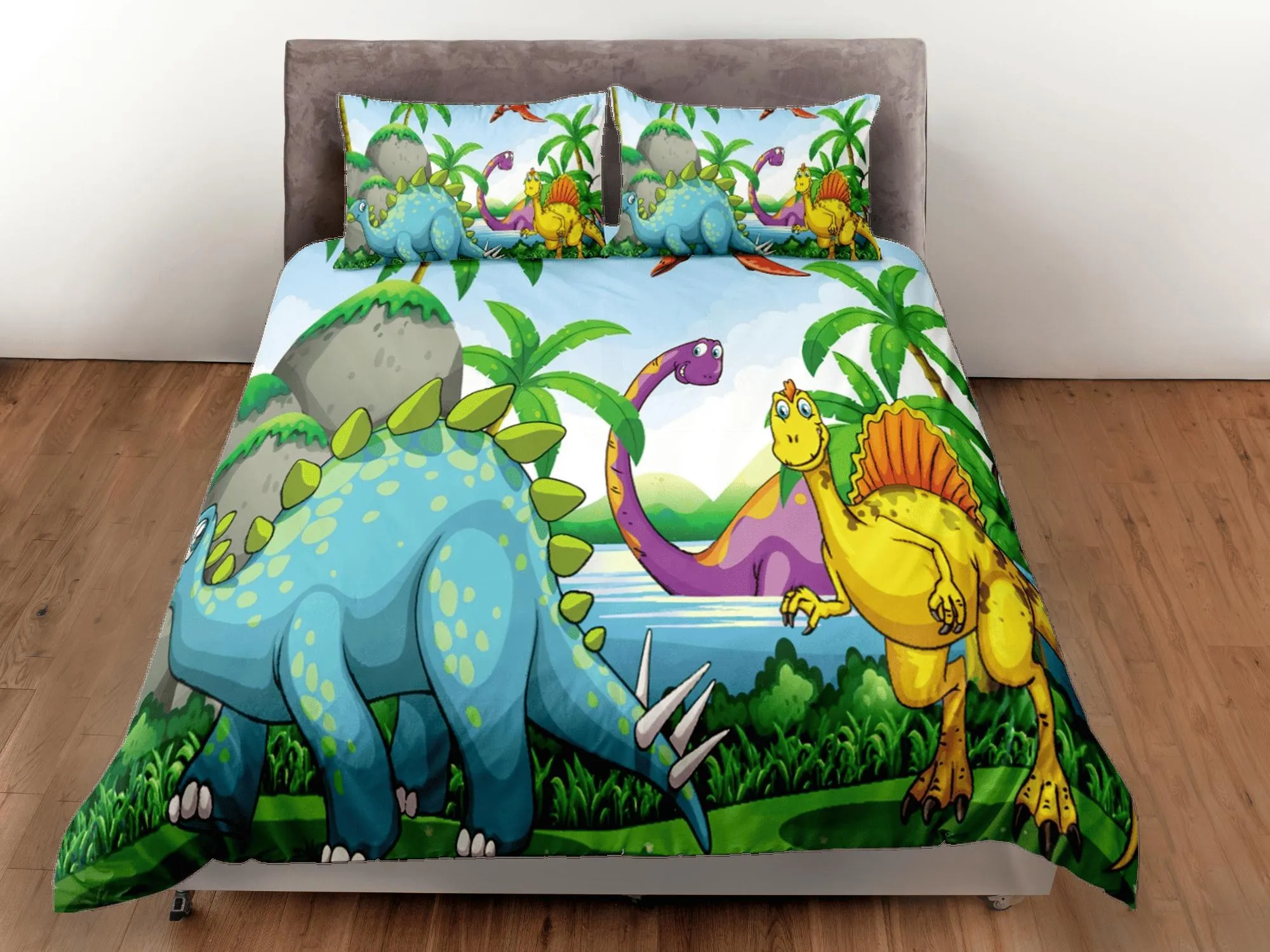 Tropical dinosaur bedding, kids bedding full, cute duvet cover set, dinosaur nursery bed decor, colorful bedding, baby dinosaur, toddler