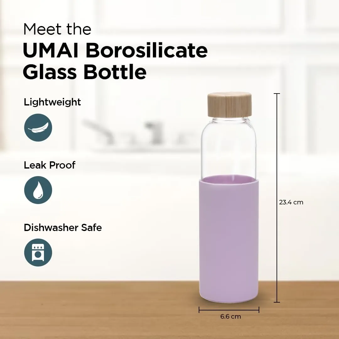 UMAI Borosilicate Glass Water Bottle with Sleeve 550ml | Non Slip Silicon Sleeve & Bamboo Lid | Fridge Water Bottle For Home & Office (Purple, Pack of 3)