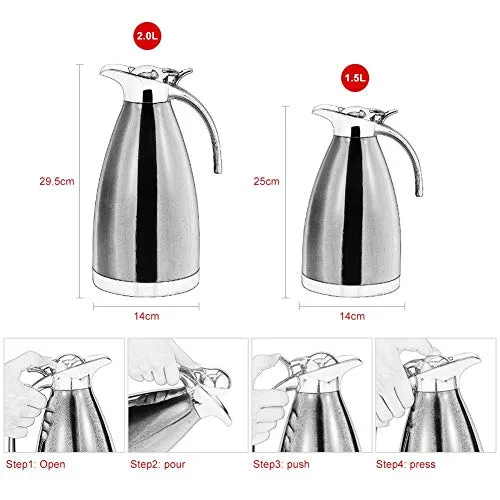 Vacuum Insulated Jug Thermal Carafe Stainless Steel Double Wall Insulation Pot For Coffee Juice Milk Tea Beverages Silver(1.5L/2L)(Silver-2L)