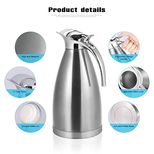 Vacuum Insulated Jug Thermal Carafe Stainless Steel Double Wall Insulation Pot For Coffee Juice Milk Tea Beverages Silver(1.5L/2L)(Silver-2L)