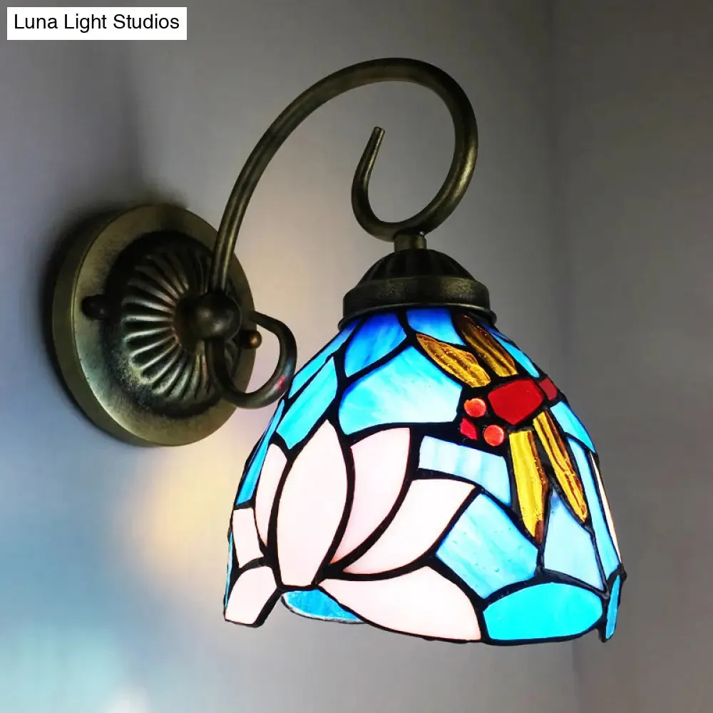 Victorian Dragonfly Stained Glass Wall Sconce with Brass Fixture