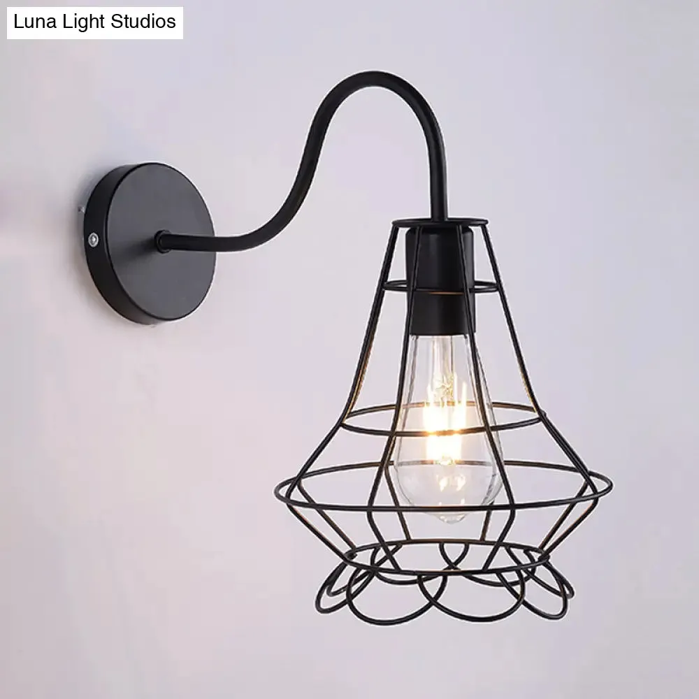 Vintage 1 Head Metallic Wall Light Fixture with Curved Arm - Vase Cage Design - for Restaurants - Black