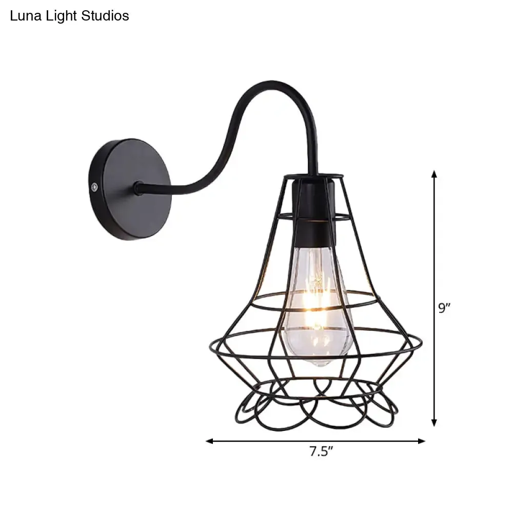 Vintage 1 Head Metallic Wall Light Fixture with Curved Arm - Vase Cage Design - for Restaurants - Black