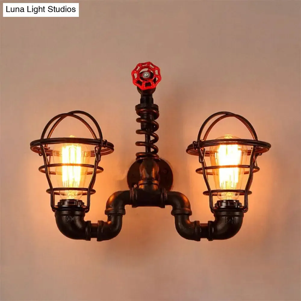 Vintage Wrought Iron Wall Lamp with Wire Guard & Pipe-Valve Fixture (2 Bulbs, Black)