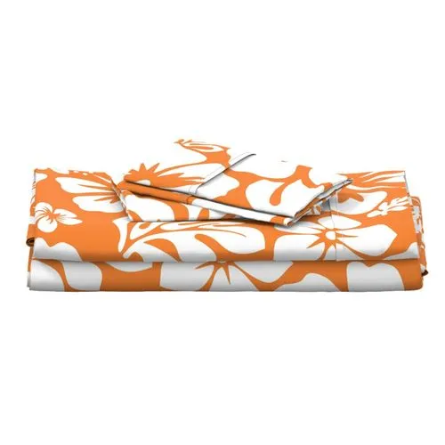 White Hawaiian Flowers on Juicy Orange Sheet Set from Surfer Bedding™️ Medium Scale