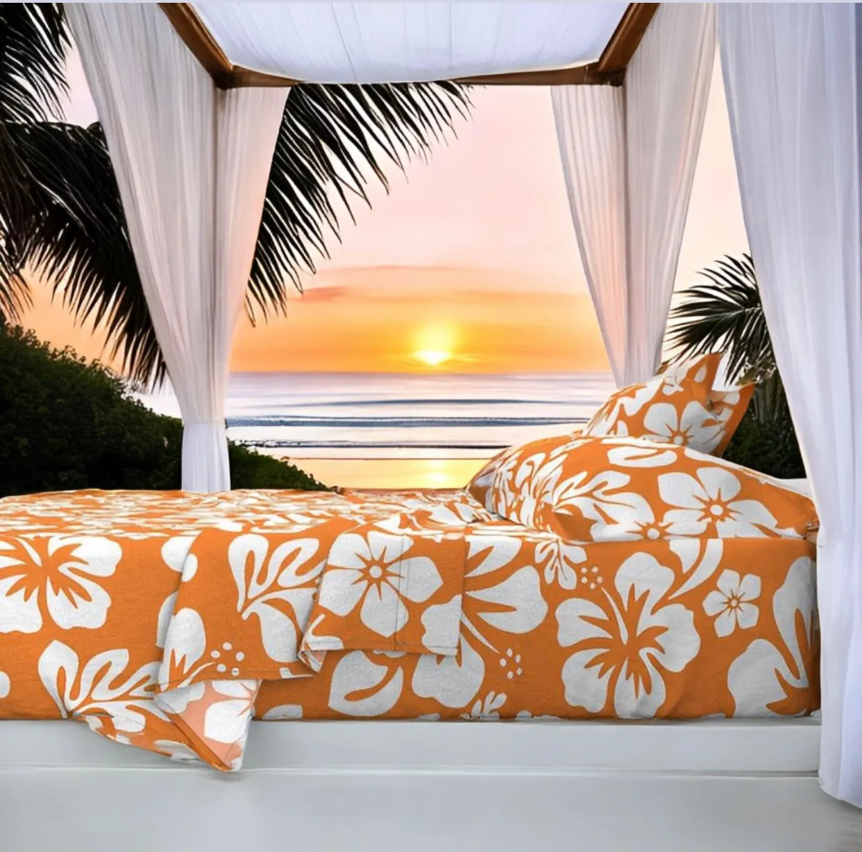 White Hawaiian Flowers on Juicy Orange Sheet Set from Surfer Bedding™️ Medium Scale