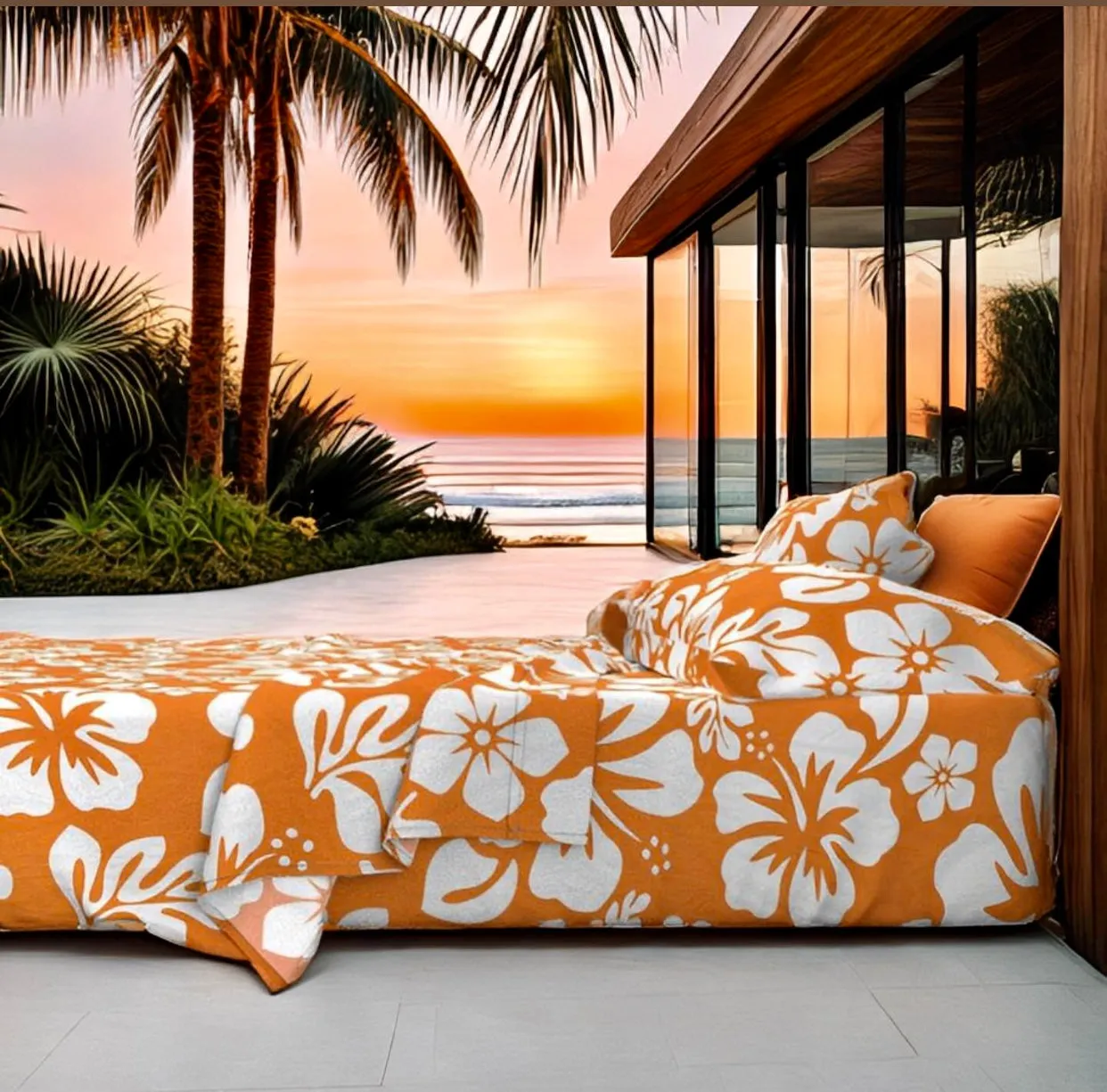 White Hawaiian Flowers on Juicy Orange Sheet Set from Surfer Bedding™️ Medium Scale