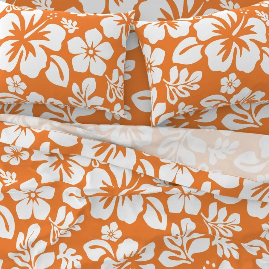 White Hawaiian Flowers on Juicy Orange Sheet Set from Surfer Bedding™️ Medium Scale