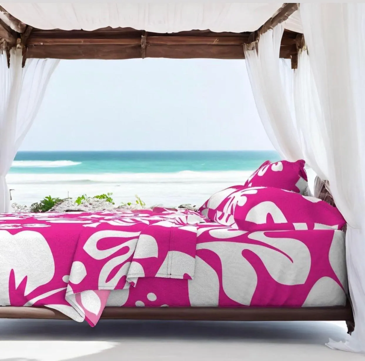 White Hawaiian Flowers on Surfer Girl Pink Sheet Set from Surfer Bedding™️ Large Scale