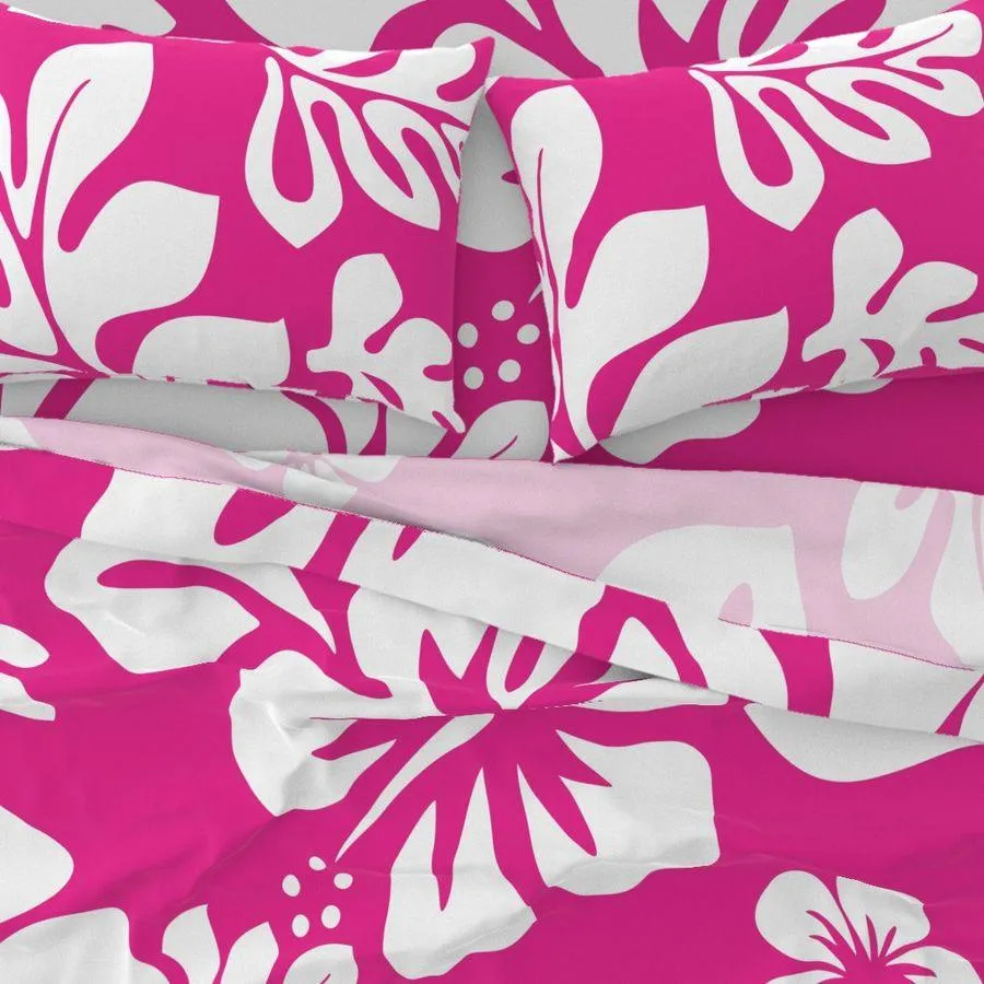 White Hawaiian Flowers on Surfer Girl Pink Sheet Set from Surfer Bedding™️ Large Scale