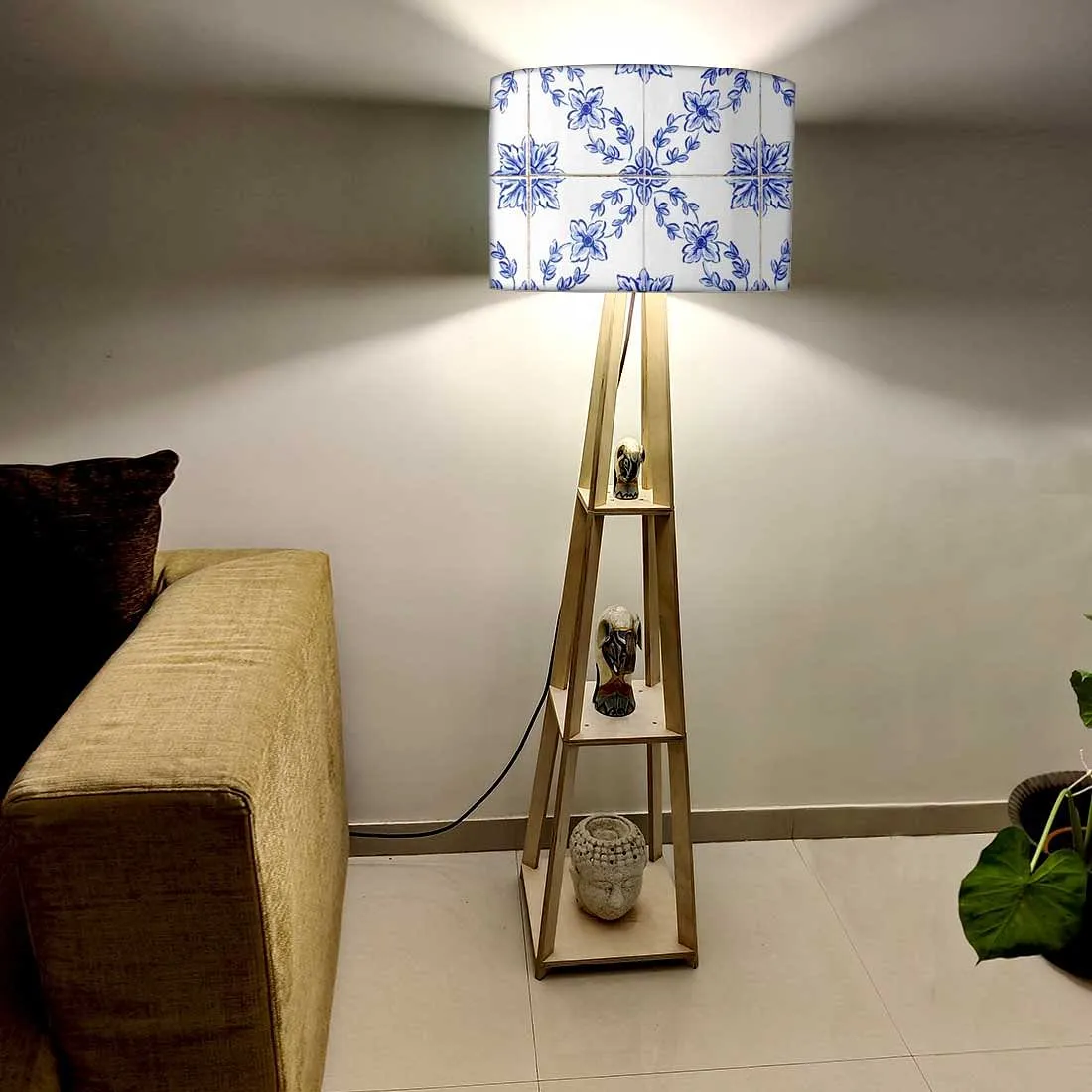 Wooden Corner Lamps with Shelves - Spanish Tiles