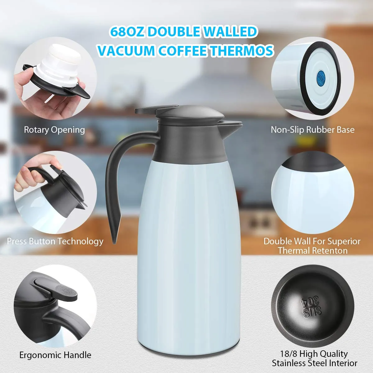 Yummy Sam Thermal Coffee Carafe Stainless Steel 68oz(2 Lifter) Double Walled Vacuum Coffee Thermos Water Beverage Dispenser 12 Hour Heat Retention/24 Hour Cold Retention